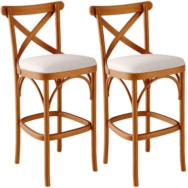 Imagem de Kit 02 Banquetas Altas Cozinha Bancada Bar Sala de Jantar Estofada Ávila L02 Linho Cru - Lyam