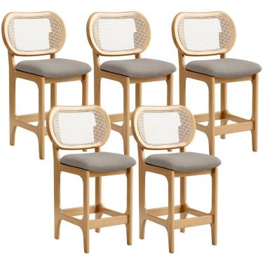 Imagem de Kit 5 Banquetas Baixa Bar Cozinha Sala de Jantar Betta L02 Mel Tela Linho Bege - Lyam Decor