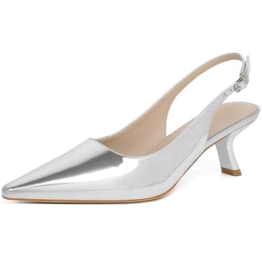 Imagem de RIBONGZ Salto gatinho feminino bico fino fechado salto baixo salto slingback fivela tiras conforto vestido sapatos namoro casamento festa de formatura trabalho, Prata, 38