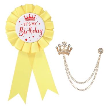 Imagem de PATIKIL Broche de aniversário MY Birthday com fita de cetim e broche de corrente pendurada na coroa para decoração de festa de aniversário, One Size, Liga de aço, Sem Pedra Preciosa