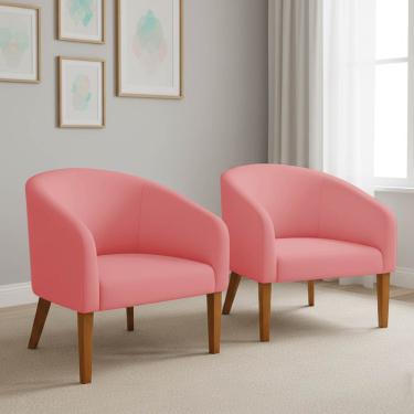 Imagem de Poltrona Sala Decorativa Kit 2 Stella Pé Madeira Trapézio Castanho Suede Rosê D03 - D'Rossi