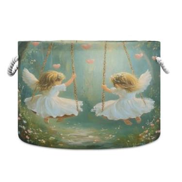 Imagem de Wassud Cesta de armazenamento Cute Angels com alças cesto de lavanderia redondo cesto de armazenamento de lona cobertor de lona para berçário 50,8 x 50,8 cm x 35,5 cm