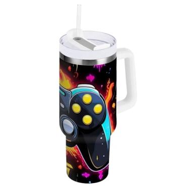 Imagem de ODAWA Copo de viagem isolado grande com canudo e alça, controle de jogos preto com isolamento de parede dupla