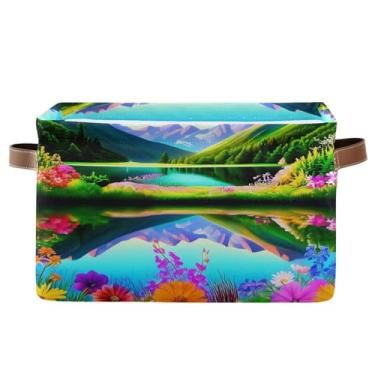 Imagem de Wassud Cesto de armazenamento de lona dobrável para paisagem de montanha com alças, cesta organizadora dobrável para armário, banheiro e decoração de casa, 35 x 25 x 20 cm, 1 pacote