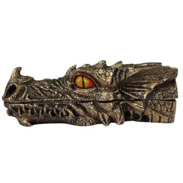 Imagem de Incensário Decorativo em Resina, Cabeça de Dragão Medieval com Olhos Âmbar, 24 x 9 x 8 cm, Bronze Envelhecido