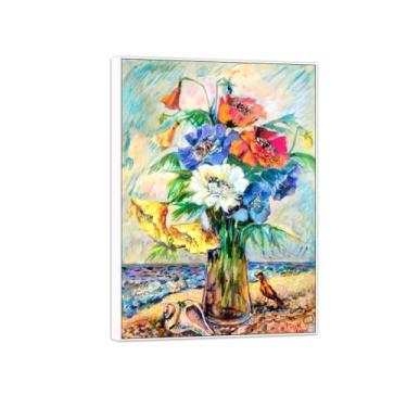 Imagem de BMZFYBS David Burliuk Famosas impressões em tela de arte de parede prontas para pendurar Flores na praia. Pintura com moldura branca para decoração de sala de estar 90 x 125 cm 35 x 49 pol