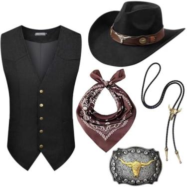 Imagem de Tuxsuitown 5 peças de roupa de cowboy para homens, fantasia de caubói, colete de faroeste, chapéu e acessórios para festa do Velho Oeste de Halloween, Preto, GG