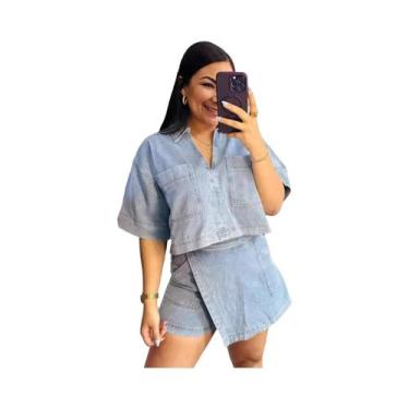 Imagem de Conjunto De Saia De Jeans Azul Feminina Para O Verão, 2 Peças, Camisa 
