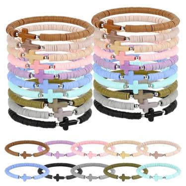 Imagem de Galaton 30 pulseiras cruzadas para mulheres e homens, pulseiras coloridas de Jesus em massa, pulseiras cristãs com contas de argila elásticas feitas à mão, pulseiras religiosas, presentes de lembrete