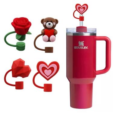 Imagem de Capa de palha de Dia dos Namorados para copo Stanley, lindo urso amor rosa flor palha topos compatíveis com Stanley copo de 30 e 1,134 g, silicone reutilizável 10 mm 1 cm tampas de palha para Stanley