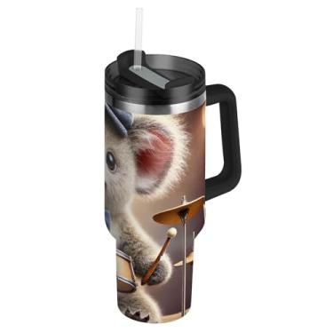 Imagem de Joisal Copos de aço inoxidável com tampa e canudo fofo coala jazz baterista copo para rosa quente e frio fofo copo de 1,134 g com alça garrafa de água isolada