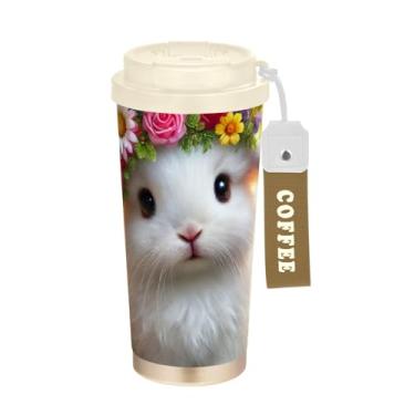 Imagem de TSENQUE Coelho da Páscoa Coelho branco fofo, copo de café de 473 ml com canudo e tampa, canecas de café de parede dupla isoladas a vácuo com revestimento cerâmico para escritório, escola, festa