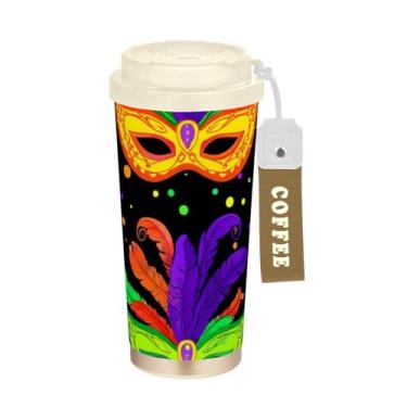 Imagem de Caneca de viagem de café 16+ Oz, caneca de café com revestimento cerâmico copo com tampa e canudo, copo isolado a vácuo de aço inoxidável, máscaras coloridas de carnaval pretas