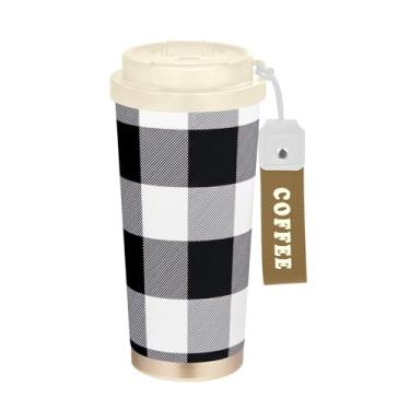 Imagem de TSENQUE Copo de café de viagem 473 ml com canudo e tampa, copo de café de aço inoxidável à prova de vazamento para escritório, escola, festa, acampamento, preto, branco, búfalo, xadrez