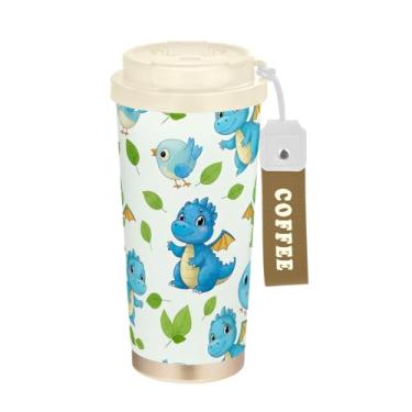 Imagem de TSENQUE Caneca de café de viagem de 473 ml com tampa de canudo e filp, copo de café de aço inoxidável isolado a vácuo à prova de vazamento, dragões de desenho animado azul verde pássaros