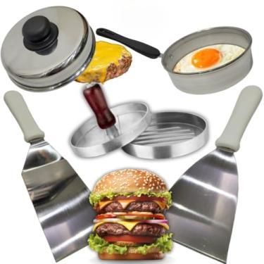Imagem de Kit 5 Utensílios Hamburgueria Modelador Hambúrguer Aro Ovo Espátula Inox Abafador Alumínio Resistent