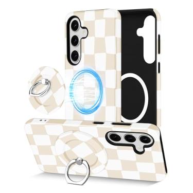 Imagem de Aitipy Capa de telefone magnética quadriculada para Samsung Galaxy S24 Plus, compatível com Magsafe, com lindo suporte de anel de xadrez capa protetora estética para mulheres e meninas - bege