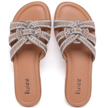 Imagem de Ruiee Sandálias rasteiras femininas de largura larga, moderno, diamante, brilhante, casual, elegante, confortável, noiva, casamento, verão, sem cadarço, sandálias de pés largos para mulheres., Tan Pu