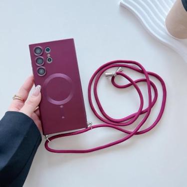 Imagem de Capa magnética transversal com cordão para Samsung Galaxy S24 S23 S22 S21 Ultra, colar ajustável, capa e acessórios, vermelha, para S24 Ultra