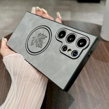 Imagem de HJZSZX Capa magnética retrô de couro fosco para Samsung S23Plus, capa à prova de choque com carregamento sem fio (para Samsung S23Plus/cinza)