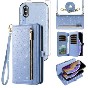 Imagem de Capa de telefone para iPhone Xs X 10 10s carteira com zíper destacável película protetora de tela transversal alça alça flip glitter crédito iPhoneX iPhoneXs iPhone10 i PhoneX SX 10x 10xs X's feminino