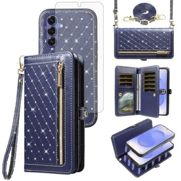 Imagem de Capa de telefone para Samsung Galaxy S25 5G Carteira com zíper destacável com protetor de tela transversal alça de cordão Bling compartimentos para cartão de crédito S25Edge 25S S 25 25Edge 2025