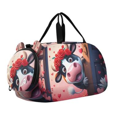 Imagem de Bolsa esportiva escocesa Highland com flores de vaca para meninas, bolsa de viagem noturna, compartimento de sapatos para meninos, Estampa floral de vaca, Clássico