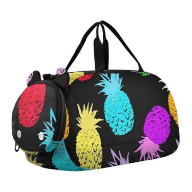 Imagem de Linda bolsa esportiva azul para cães pug para meninos durante a noite para o fim de semana e meninas para viagens e crianças, Abacaxi colorido preto, Clássico