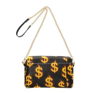 Imagem de Joitme Bolsa de ombro feminina preta com símbolo de dólar amarelo, bolsa de ombro de couro PU com alça de corrente para celular