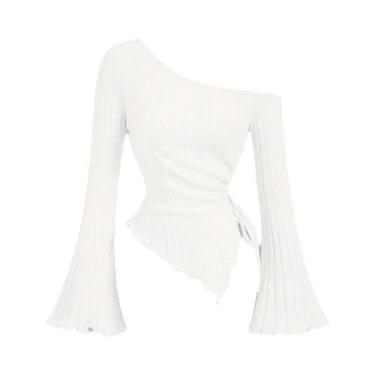 Imagem de Camiseta Casual Feminina De Manga Longa Com Um Ombro, Estilo Europeu-A