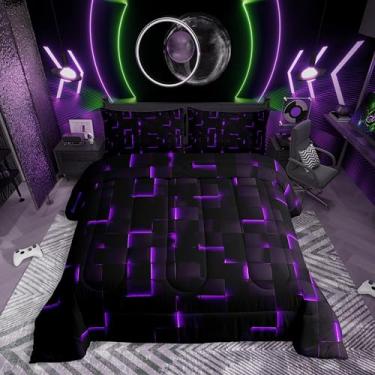 Imagem de Erosebridal Conjunto de edredom solteiro, preto e roxo, geométrico, quadriculado, geométrico, geométrico, geométrico, abstrato, videogame, decoração de quarto para crianças, meninos e meninas, 1