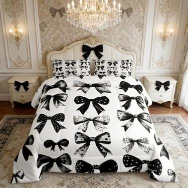 Imagem de Erosebridal Jogo de cama casal com laço, preto e branco, conjunto de cama de gravata borboleta preta, aquarela com laço e enchimento de edredom, 3 peças