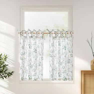 Imagem de Cortinas de Cocina Jinchan de Lino con Estampado Floral 45 cm Verde 2 