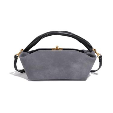 Imagem de Bolsa de ombro feminina Suede Kiss Lock, vintage, despojada, bolsa de camurça sintética macia com alça removível, Cinza quente