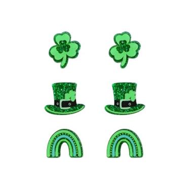 Imagem de Conjunto de brincos femininos de chapéu mágico de trevo verde arco-íris fofo acrílico brilhante Dia de São Patrício brincos irlandeses joias modernas para festa festiva Bff 3 pares