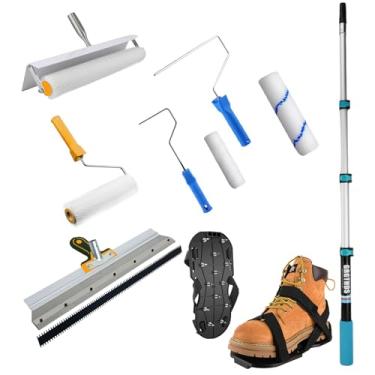 Imagem de Kit de ferramentas de cimento autonivelante, ancinho autonivelante, sapatos pontiagudos para piso epóxi, rolo cravado para autonivelamento, poste telescópico