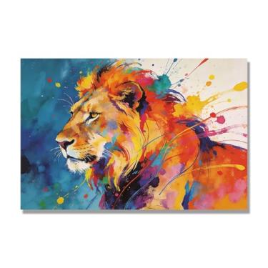 Imagem de NHLDZYH Respingo de tinta leão pintura em tela abstrata arte animal mural vívido chama a atenção para sala de estar decoração de casa moderna. A83. 50 x 75 cm. Apenas tela
