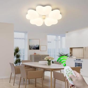 Imagem de Luminária de teto LED branca com abajur medieval elegante para quarto, com controle remoto, estilo nórdico campestre. Luz dimerizável, ideal para sala de estar, cozinha e restaurante.