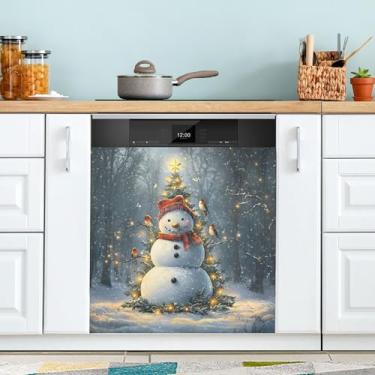 Imagem de SEHANY Linda capa magnética de boneco de neve de Natal, adesivos magnéticos decorativos antiarranhões para painel de geladeira e lava-louças, decoração de Natal de cozinha doméstica 58 x 66 cm