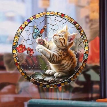Imagem de Adesivo colorido para janela de apanhador solar de vidro de gatinho e borboleta - Decoração de PVC impermeável resistente a UV, presente divertido para amantes de gatos e estilos peculiares