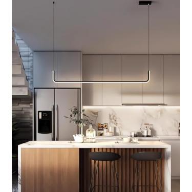 Imagem de Luminária pendente LED moderna e simples em formato de U, com altura ajustável, 120 cm, dimerizável, com controle remoto, ideal para sala de jantar, escritório e bar (preta, A120)