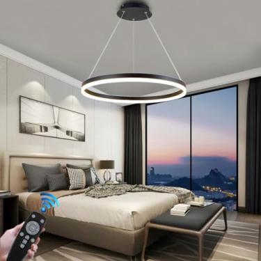 Imagem de Luminária pendente moderna de LED, lustre de mesa redondo com 1 anel, dimerizável, em alumínio, embutida com controle remoto, ideal para sala de estar, sala de jantar, quarto, bar, escritóri