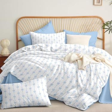 Imagem de Bildenly Conjunto de edredom casal branco - conjunto de cama com laço azul, 3 peças, edredom casal, macio e leve (199 x 230 cm) para meninas de todas as estações e 2 fronhas (76 x 50 cm)