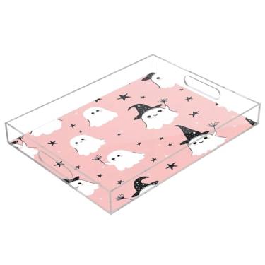 Imagem de xigua Bandeja de servir de acrílico fantasma de Halloween com alças à prova de derramamento, bandejas decorativas de festa de Halloween, bandeja organizadora de bancada para banheiro, cozinha, 30,5 x