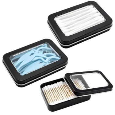 Imagem de Suporte de cotonete de viagem, 2 peças de suporte de bola de algodão vazio de metal, suporte de cotonete de algodão para viagem, pequeno suporte de fio dental/caixa de armazenamento de metal com tampa