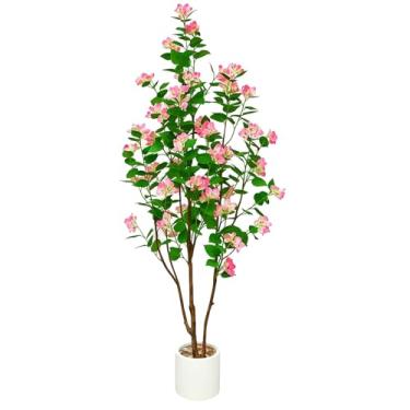Imagem de Homeplants Árvore artificial buganvília, decoração de seixos brancos de 1,8 m; planta de flor falsa florescendo de seda realista vibrante; árvore de flores falsas para decoração de chão de ambientes