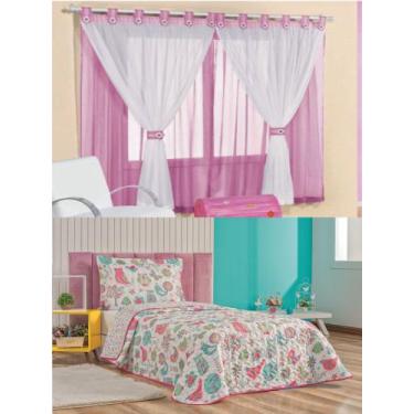 Imagem de Cortina Juvenil Quarto Menina e Colcha Matelada Coruja - Rosa - Casa S