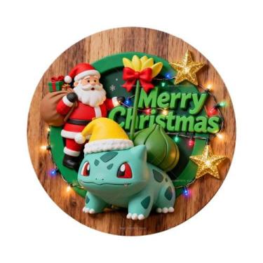 Imagem de Placa De Madeira Redonda Personalizada De Feliz Natal Pokémon Para Dec