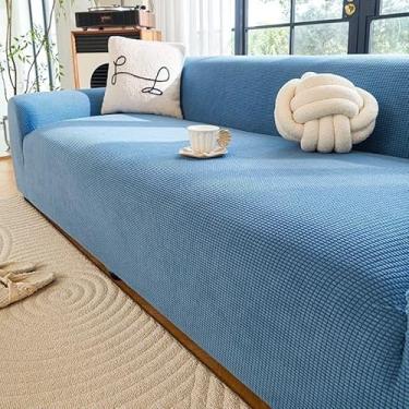 Imagem de Capa de sofá 1, 2, 3, 4 e 5 lugares, protetor móveis veludo grosso luxo, capa cor sólida, elástica para cadeira reclinável(Blue,4-seat 235-300cm)