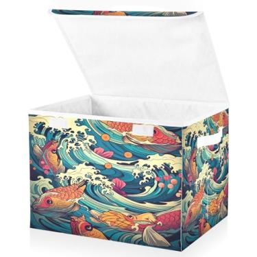 Imagem de Blueangle Caixas de armazenamento coloridas de ondas de peixe com tampas, 42 x 32 x 30 cm, grande cesta organizadora dobrável para decoração de casa e escritório (132)